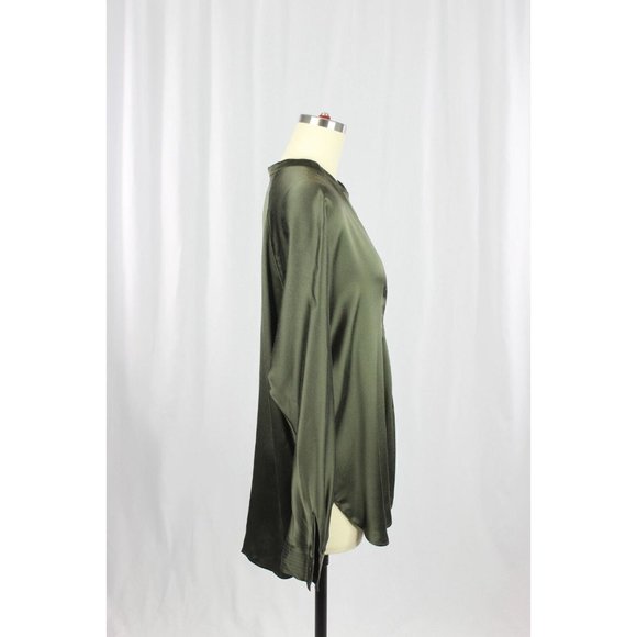 VINCE Olive Green Silk Charmeuse Split Neck Relaxed Tunic Blouse, Size S - Picture 5 of 15